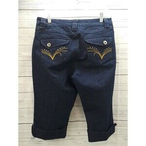 Baccini Capri Blue Jeans Sz 8P Denim Embriodered Studded Cuffed Flap Pockets